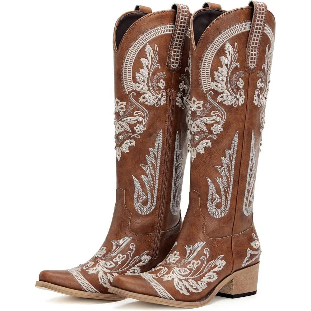 Women Faux Leather Brown Rhinestones Embroidered Chunky Heel Knee High Boot